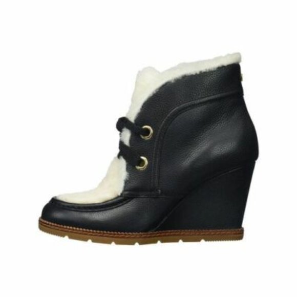KATE SPADE NY SANDY BLACK LEATHER SHEARLING ANKLE BOOTS BLACK WEDGES SZ 9 *NEW - Picture 2 of 10